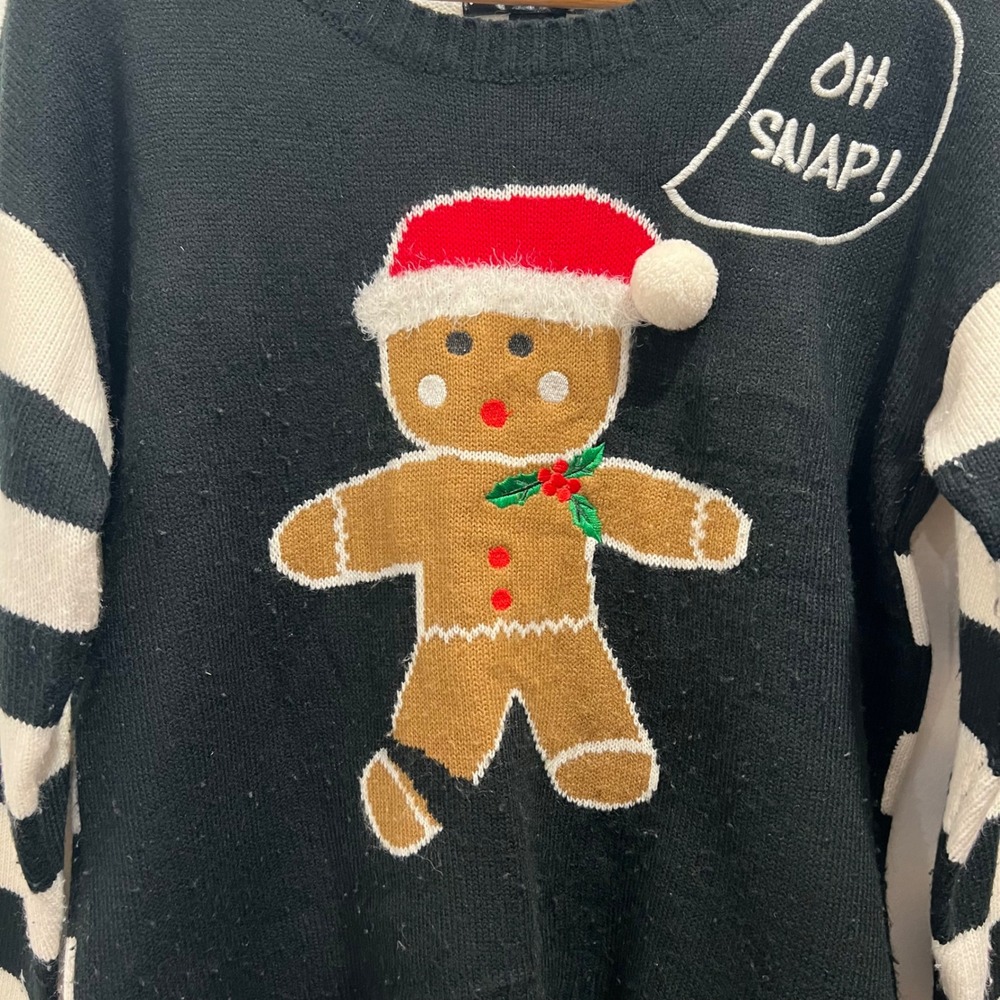 United States Sweater Holiday Gingerbread Oh Snap Christmas Sweater Black Large - Picture 2 of 7
